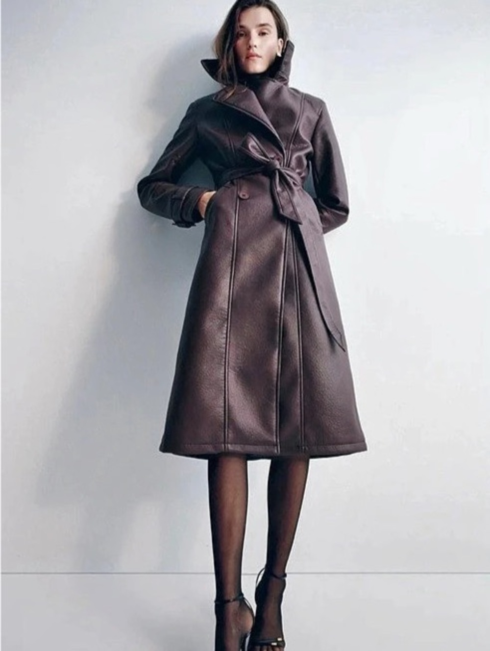 Meshki Tarah Faux Leather Trench Coat in Brown